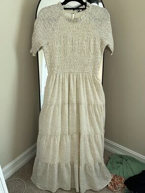 Polagram Cream Smocked Short Sleeve Tiered Maxi Dress